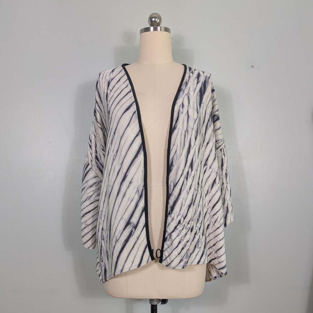Joan Mcgee Silk Kimono Top Jacket L Black Cream Artist Hand Dyed Cardigan Unique